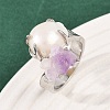 Nuggets Natural Amethyst & Pearl Open Cuff Rings RJEW-K286-13P-2