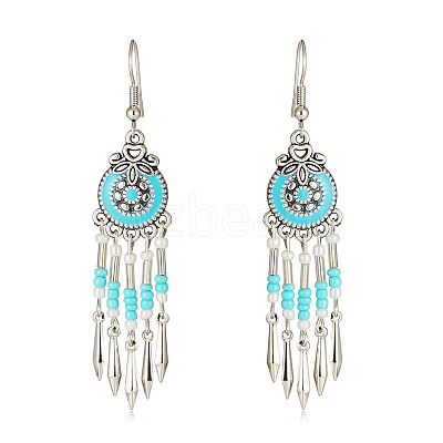 Bohemian Style Alloy Enamel Flat Round Tassel Chandelier Earrings FS-WG14215-01-1