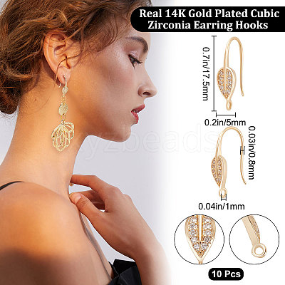 5 Pairs Rack Plating Brass Micro Pave Cubic Zirconia Leaf Earring Hooks KK-BBC0005-19-1