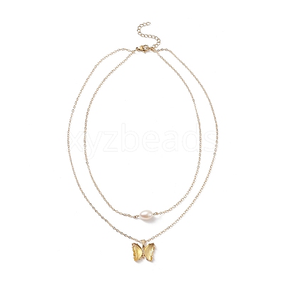 Glass Butterfly & Natural Pearl Pendants Double Layer Necklace with Clear Cubic Zirconia NJEW-TA00043-04-1