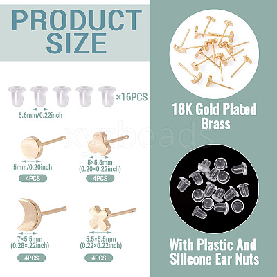 16Pcs 4 Styles Brass Stud Earrings for Women EJEW-TA0001-68-1