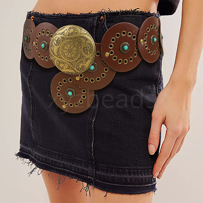 Western Retro PU Leather & Resin Imitation Gemstone Disc Chain Belts with Alloy Buckles AJEW-WH20064-21-1