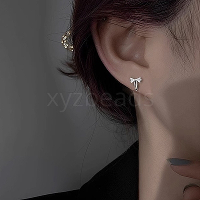 Bowknot Brass Micro Pave Clear Cubic Zirconia Stud Earrings for Women EJEW-P288-06P-1