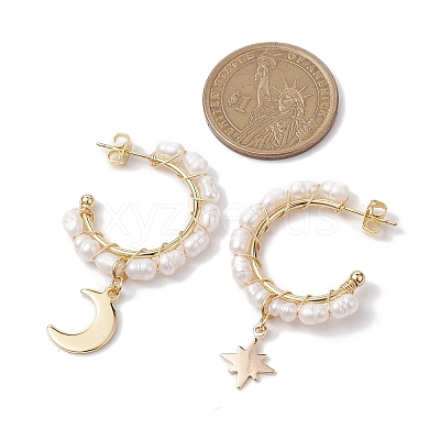 Moon & Star Natural Pearl Dangle Half Hoop Earrings EJEW-JE05895-01-1