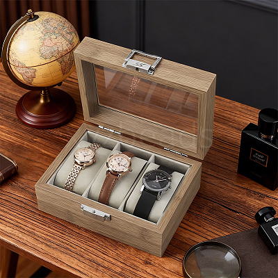 3-Slot Wooden Watch Display Cases with Glass Window Lid and Velvet Pillow Inside CON-WH0043-306B-1