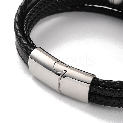 Men's Braided Black PU Leather Cord Multi-Strand Bracelets BJEW-K243-11P-1