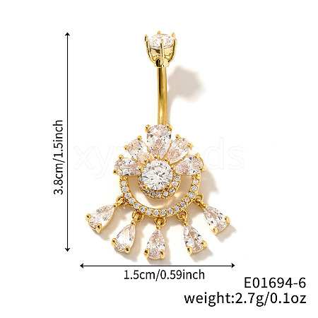 Brass Full Crystal Rhinestone Shiny Hollow Flower Ring Tassel Curved Barbell Belly Button Rings CT4144-6-1