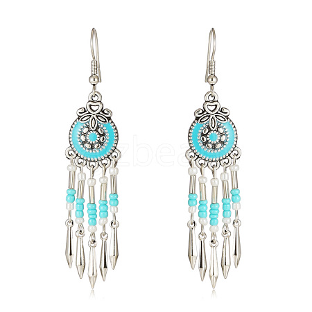 Bohemian Style Alloy Enamel Flat Round Tassel Chandelier Earrings FS-WG14215-01-1