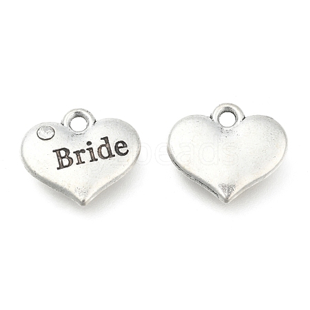 Wedding Theme Antique Silver Tone Tibetan Style Heart with Bride Rhinestone Charms X-TIBEP-N005-12E-1