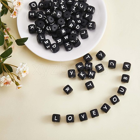 20Pcs Black Cube Letter Silicone Beads 12x12x12mm Square Dice Alphabet Beads with 2mm Hole Spacer Loose Letter Beads for Bracelet Necklace Jewelry Making JX433V-1