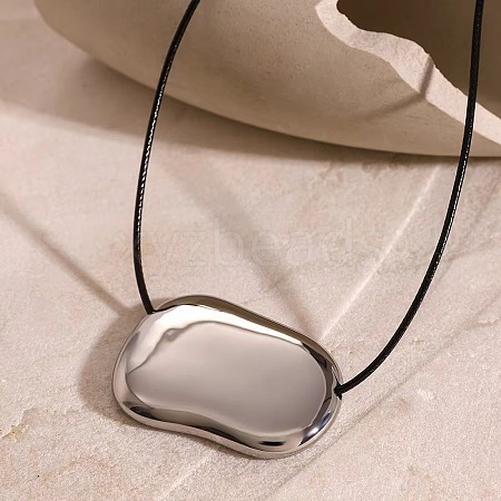 304 Stainless Steel Bean Pendant Adjustable Black Waxed Cord Necklaces for Women FS-WGC253F-01-1
