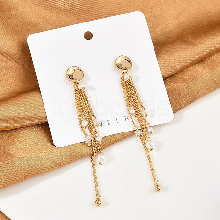 Brass ABS Plastic Pearl Tassel Stud Earrings EJEW-U040-11G-1