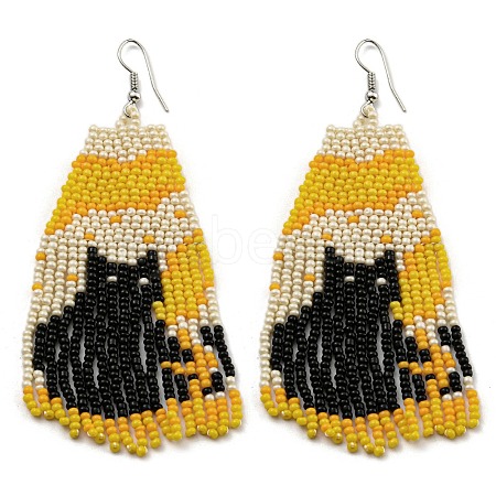 Boho Seed Bead Halloween Black Cat Tassel Earrings EJEW-Q380-05-1