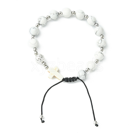 Natural Howlite Round & Cross Braided Bead Bracelets BJEW-TA00321-03-1