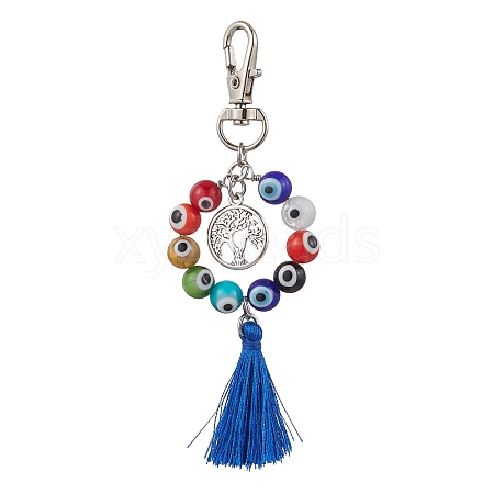 Handmade Lampwork Evil Eye & Polyester Tassel Pendant Decorations HJEW-JM02821-03-1