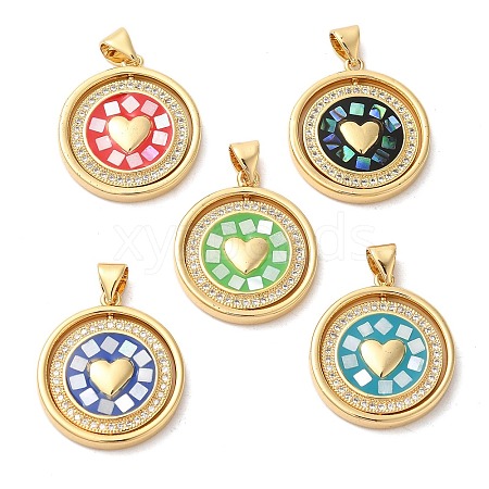 Flat Round with Heart Brass Micro Pave Cubic Zirconia Pendants KK-K385-59G-1