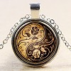 Feng Shui Yin-Yang with Rose Pattern Flat Round Glass Pendant Necklaces NJEW-N0051-010D-02-1