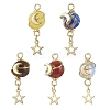 5Pcs 5 Styles Synthetic Moonstone & Imperial Jasper & Natural Tiger Eye & Carnelian(Dyed & Heated) & Yellow Jade Round Copper Wire Wrapped Planet Pendants PALLOY-JF04546-S-1