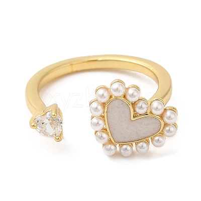 Cubic Zirconia Heart Open Cuff Ring with ABS Plastic Pearl Beaded RJEW-M148-05G-1