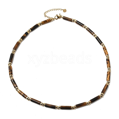 Natural Tiger Eye & Synthetic Non-magnetic Hematite Column Beaded Necklaces with 304 Stainless Steel End Chains NJEW-K301-01B-1
