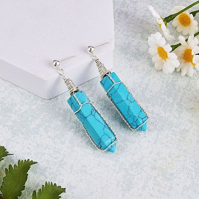 Synthetic Turquoise Bullet Dangle Stud Earrings EJEW-PH01406-02-1