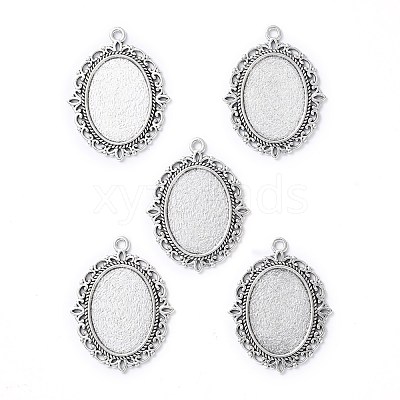 Tibetan Style Antique Silver Alloy Flat Oval Pendant Cabochon Settings X-TIBEP-M022-20AS-1