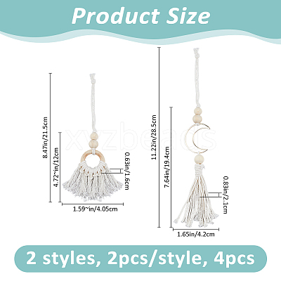 4Pcs 2 Styles Natural Wood Bead Tassel Pendant Decoraiton HJEW-FH00189-1