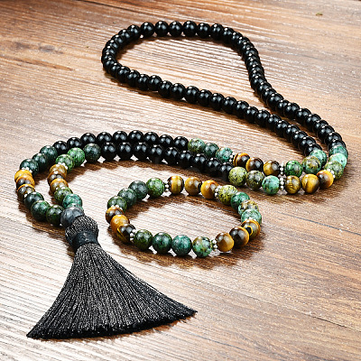Glass & African Turquoise(Jasper) & Tiger Eye Round Rosaries Beaded Tassel Pendant Necklaces & Bracelets Sets FS-WGB975F-03-1