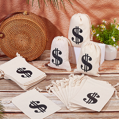 Black Dollar Sign Printed Cotton Cloth Drawstring Bgas ABAG-WH0083-012-1