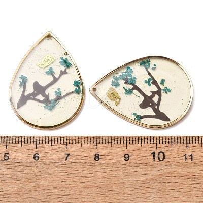 Brass & Transparent Epoxy Resin & Dried Flower Pendants RESI-G133-03G-01-1