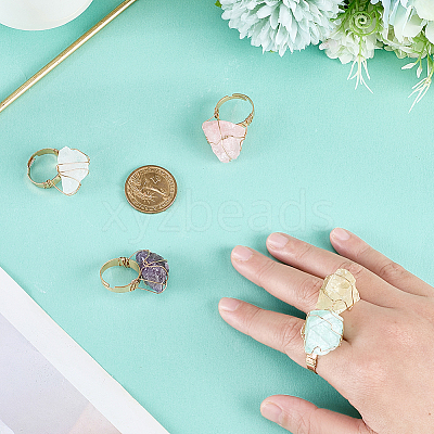 5Pcs 5 Styles Natural Yellow Quartz & Fluorite & Rose Quartz & Amethyst & Quartz Crystal Adjustable Finger Rings RJEW-FG0001-02-1