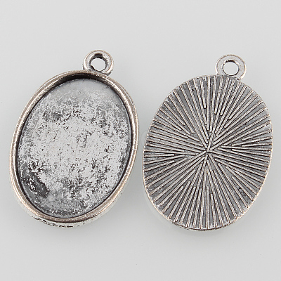 Tibetan Style Antique Silver Alloy Flat Oval Pendant Cabochon Settings TIBEP-M022-37AS-1