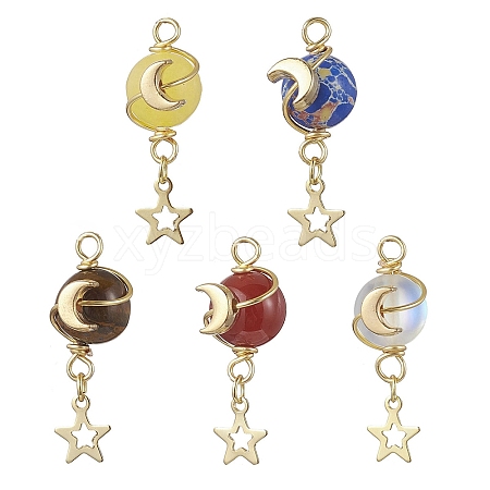 5Pcs 5 Styles Synthetic Moonstone & Imperial Jasper & Natural Tiger Eye & Carnelian(Dyed & Heated) & Yellow Jade Round Copper Wire Wrapped Planet Pendants PALLOY-JF04546-S-1