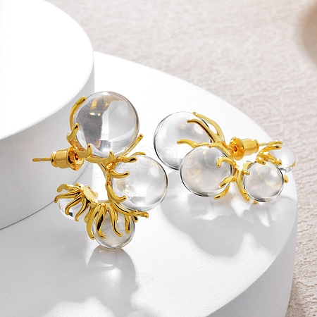 Brass with Transparent Resin Round Stud Earrings EJEW-Q391-31G-1