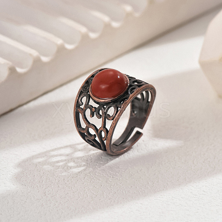 Vintage Ethnic Style Natural Red Jasper Inlaid Hollow Out Women Adjustable Rings UP6399-4-1