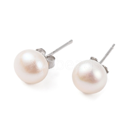 Natural Pearl Round Bead Stud Earrings EJEW-E298-01D-01P-1