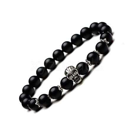 Natural Black Agate & Alloy Skull Beaded Stretch Bracelet PW-WG4BC25-02-1