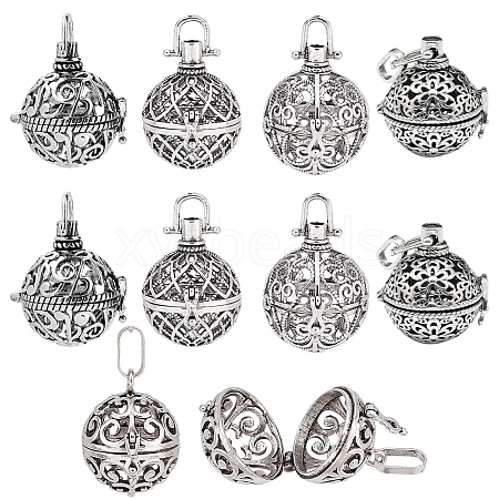 SUNNYCLUE 10Pcs 5 Styles Round Brass Hollow Cage Pendants KK-SC0003-07-1