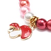 Red Glass Pearl Beaded Stretch Bracelet with Alloy Enamel Mushroom Charm for Women BJEW-JB08711-5