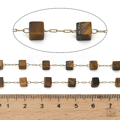 Handmade 304 Stainless Steel Tiger Eye Beads Cube Link Chains CHS-B011-02G-04-1