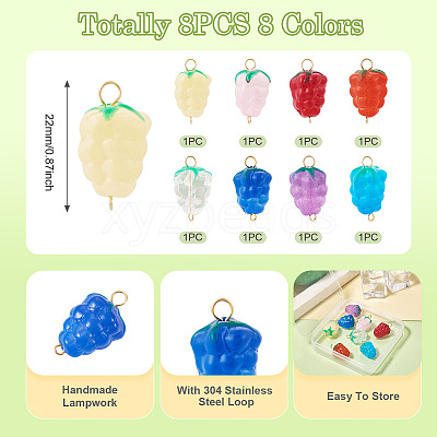 8Pcs 8 Styles Handmade Lampwork Grapes Connector Charms PALLOY-TAC0156-1