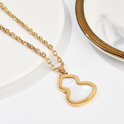 Ion Plating(IP) 304 Stainless Steel Pave Natural Shell Gourd Pendant Cable Chain Necklaces for Women NJEW-M078-02G-01-1