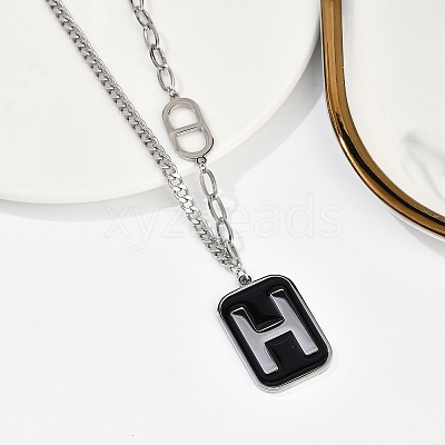 304 Stainless Steel Black Enamel H Rectangle Pendant Twisted Chain Necklaces for Women NJEW-M078-01P-1