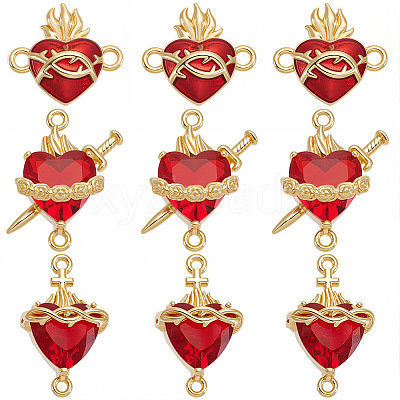 12Pcs 3 Styles Brass Enamel Sacred Heart of Jesus Links Connector Charms KK-SC0007-86-1