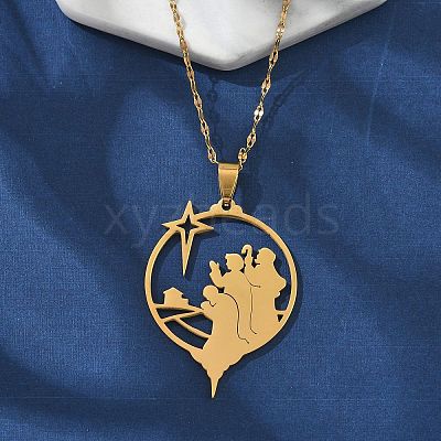 201 Stainless Steel Hollow Star with Prayer Pendant Necklaces for Ramadan & Eid Mubarak NJEW-D318-04G-1