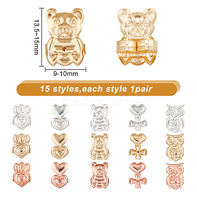 15 Pairs 15 Style Brass Friction Ear Nuts KK-AR0002-92-1