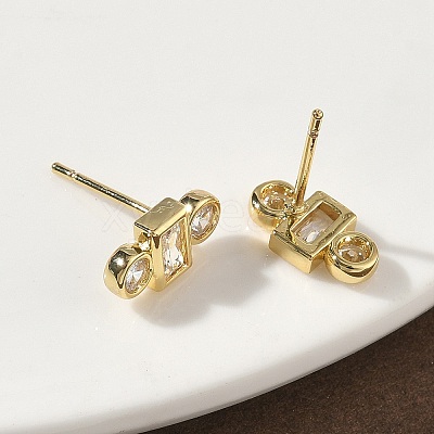 Rectangle with Flat Round Brass Micro Pave Clear Cubic Zirconia Stud Earrings X-EJEW-G452-12G-1