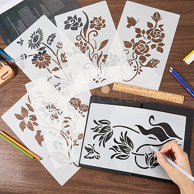 6Pcs 6 Styles Flower Theme PET Plastic Hollow Out Drawing Painting Stencils Templates DIY-WH20009-46-1