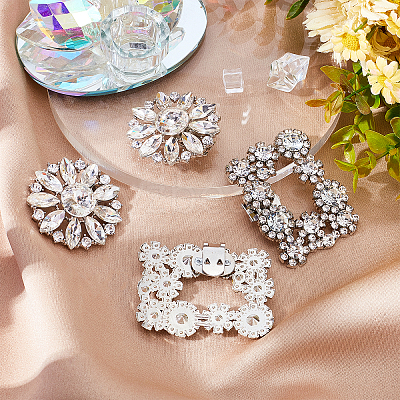 AHADEMAKER 4Pcs 2 Style Detachable Alloy Crystal Rhinestone Shoe Buckle Clips FIND-GA0002-15-1