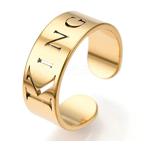 Ion Plating(IP) 304 Stainless Steel Word King Open Cuff Ring for Women RJEW-T027-09G-1